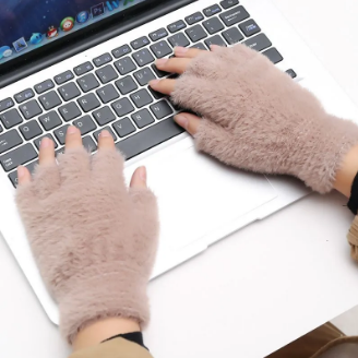 Girls Soft Plush Half Finger Gloves | Warm Fuzzy Fingerless Winter Gloves -black