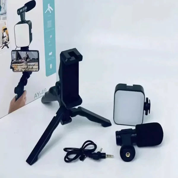 AY-49 Vlogger Kit | Microphone, LED Fill Light, Mini Tripod & Mobile Holder with Remote – Complete Video Making Set for Vlogging