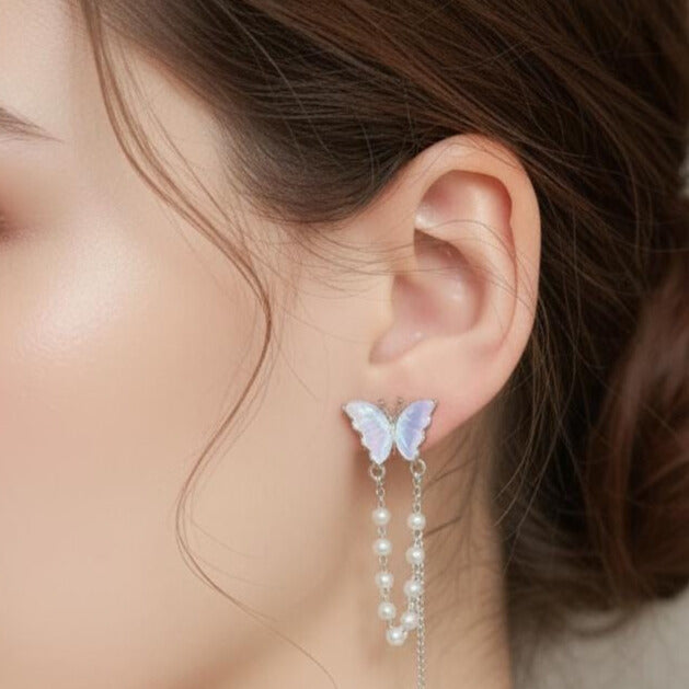 S925 Elegant Butterfly with Pearl Tassels Drop Earrings – Delicate, Feminine & Stylish Fashion Jewelry for Women & Girls golden