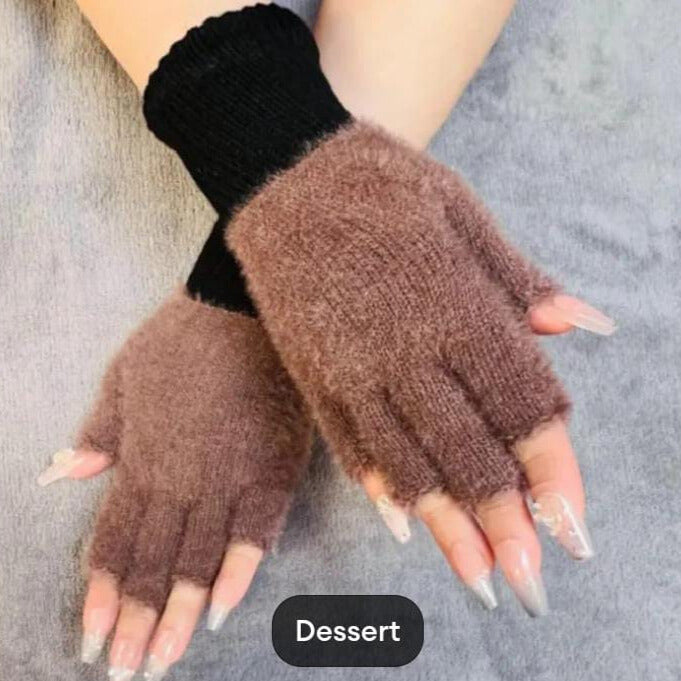 Girls Soft Plush Half Finger Gloves | Warm Fuzzy Fingerless Winter Gloves -black