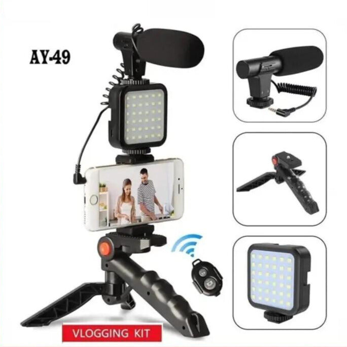 AY-49 Vlogger Kit | Microphone, LED Fill Light, Mini Tripod & Mobile Holder with Remote – Complete Video Making Set for Vlogging