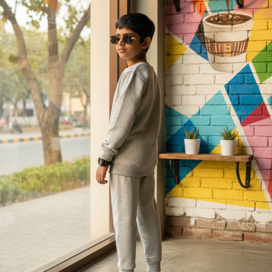 Grey Printed Fleece Winter Kids Tracksuit | Warm Sweatshirt & Trouser Set for Boys & Girls – Soft, Cozy & Stylish OutfitFOR BABY AND KIDS 2l