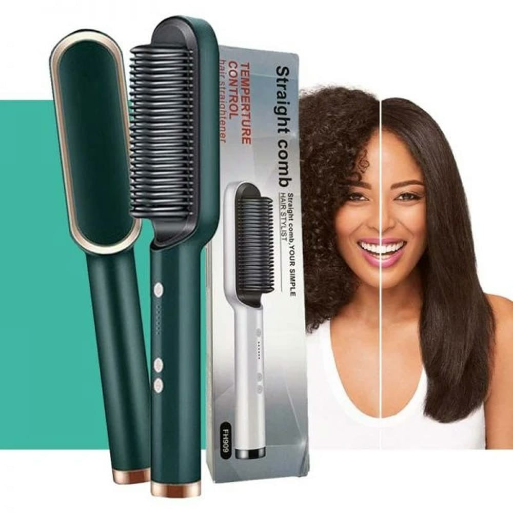 909 Hair Straightening Brush | Electric 2‑in‑1 Straightener & Curler | Heating Styling Comb | Quick 3‑Minute Styling